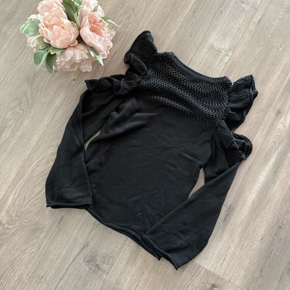 Anthropologie Maeve Black Ruffle Open Shoulder Cold Shoulder Sweater - Picture 4 of 7
